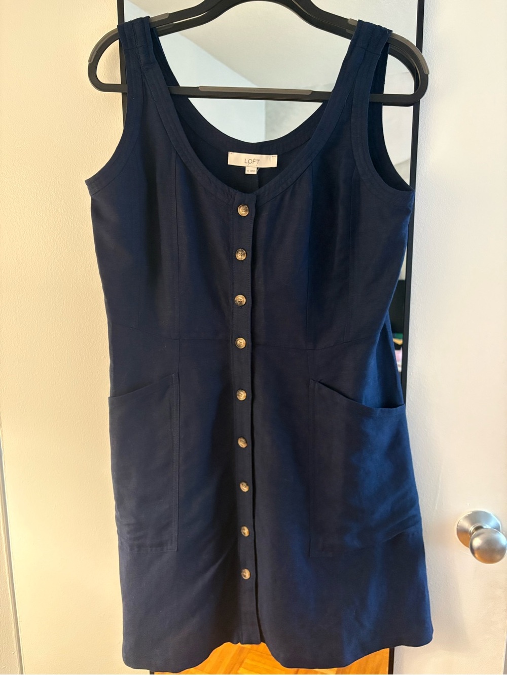 LOFT Navy Linen Blend Button Front A-Line Sleeveless Dress - Picture 3 of 5